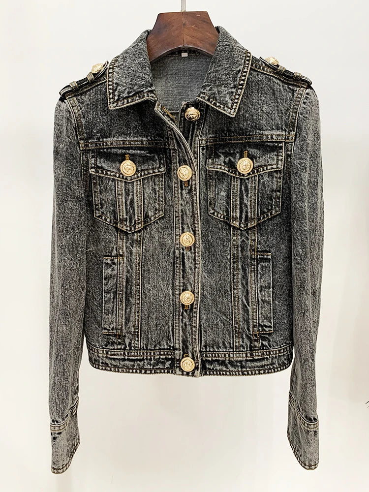 HIGH STREET Newest 2026 F/W Designer Fashion Women's Lion Buttons Stone Wash Denim Jacket