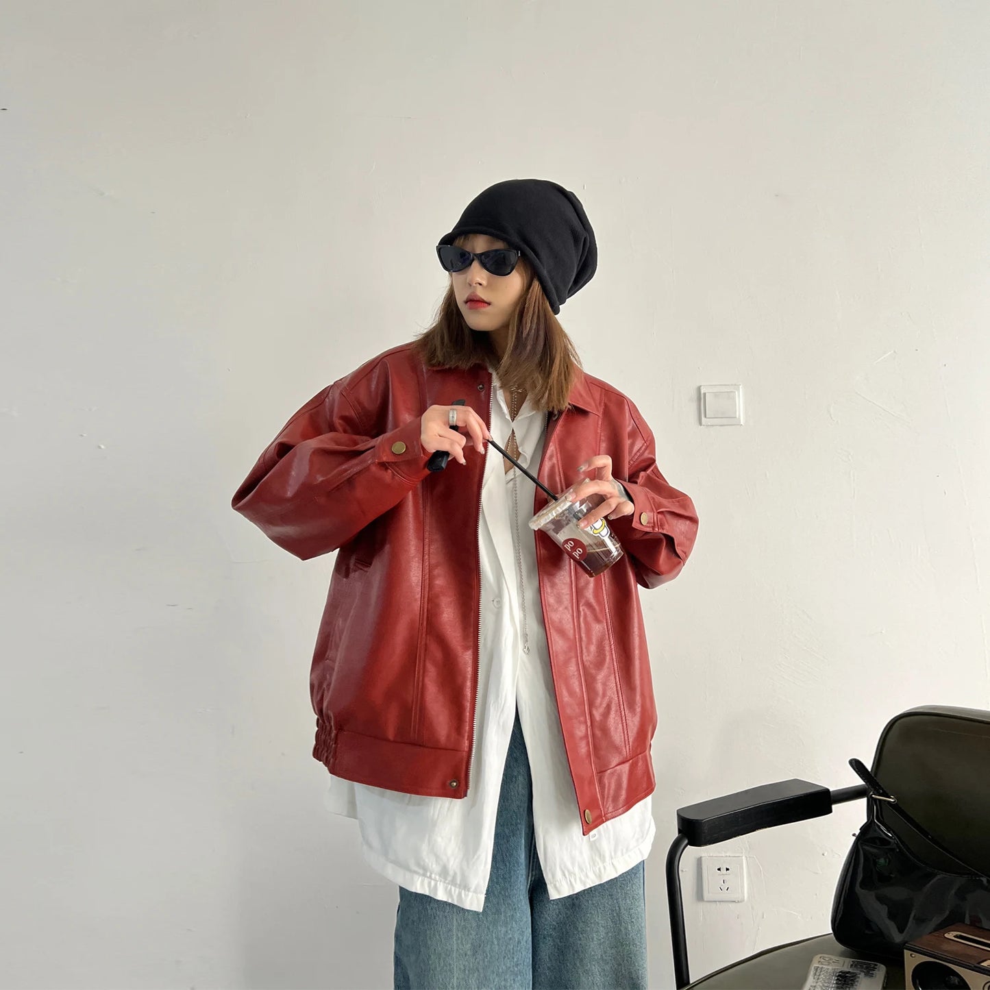Punk Vintage Red Leather Jacket Women Streetwear Moto Biker Zipper Leather Jacket Female Winter High Street Chic Leather Coat