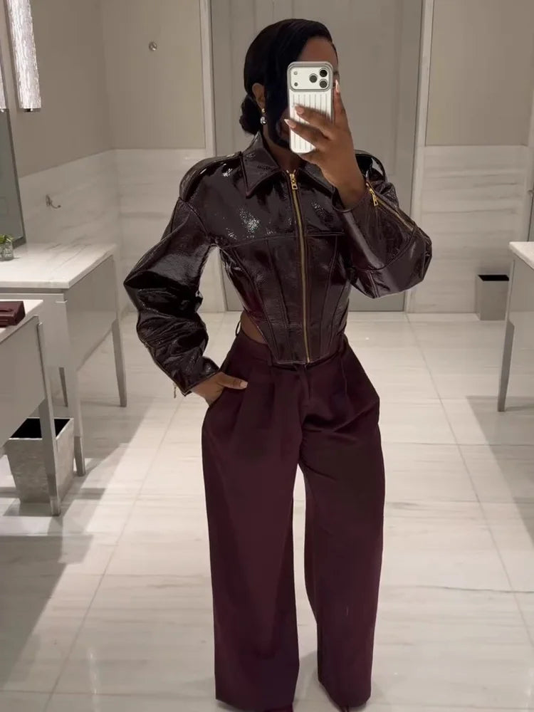 Women Chic Brown Leather Jacket With Belt Chic Full Sleeve Laple Zipper Short Coats 2026 Autumn New Ladies Street Biker Jackets
