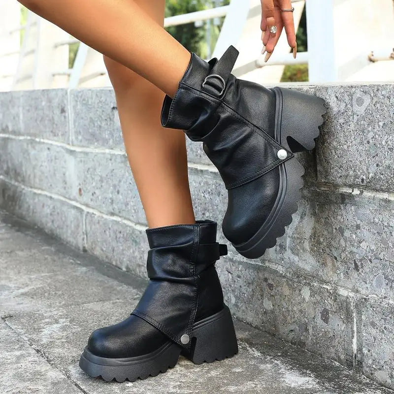 Gothic Chunky Platform Black Ankle Boots Women 2025 Autumn Punk Metal Belt Buckle Thick Bottom Short Boots Woman's Y2K Shoes 43