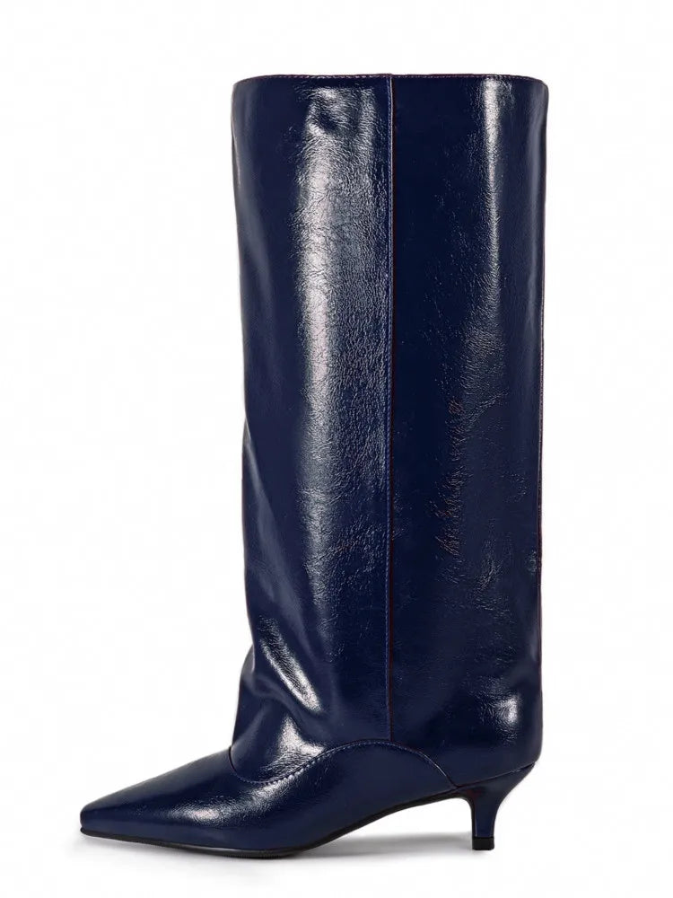Women's Spring and Autumn New Cat Heel Wide Knee Knee Boots Fashion Pointed Women's Low Heel Mid Heeled Boots