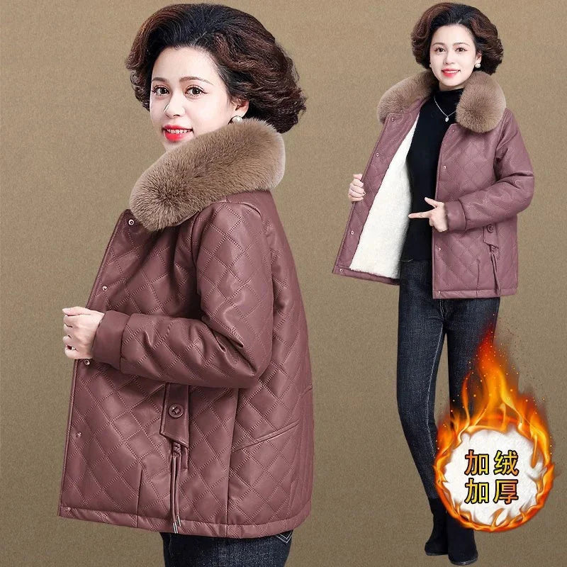 High End Middle Aged Women's Leather Jacket Winter New Thicken Warm Big Fur Collar Faux PU Leather Coat Female Outerwear 5XL