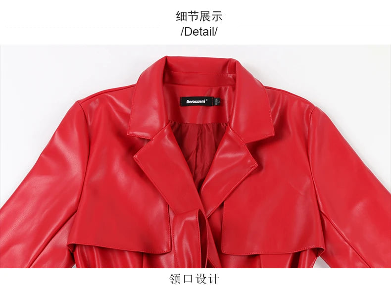 Nerazzurri Spring Autumn Long Red Soft Pu Leather Trench Coat for Women Pockets Sashes Luxury Elegant Chic Stylish Overcoat 2023
