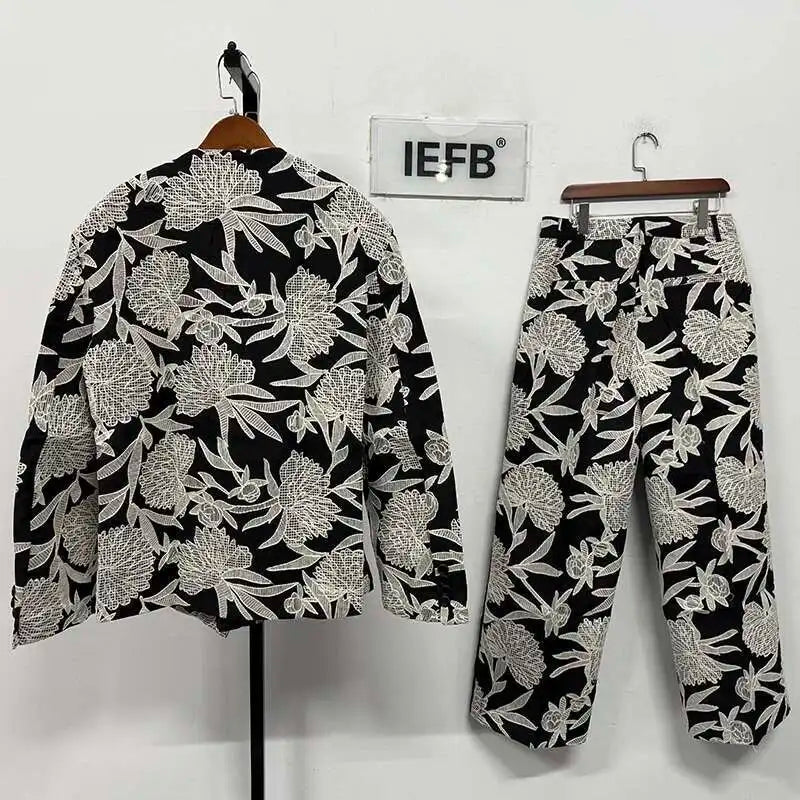 IEFB Niche Design Men's Two-piece Collarless Embroidery Blazer Loose Straight Suit Pants Contrast Color Male Sets New 9C7485