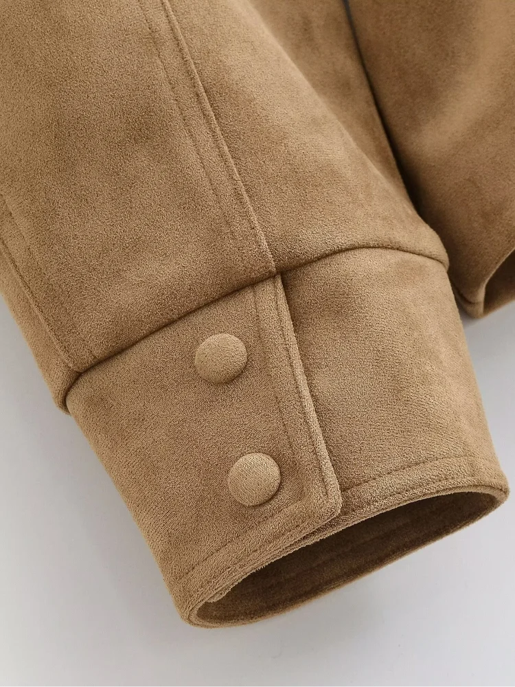 Women Brown Faux Suede Short Jacket Tie‑waist Long Sleeve Vintage Streetwear 2026 Lady New Autumn Winter Casual Outerwear Coat