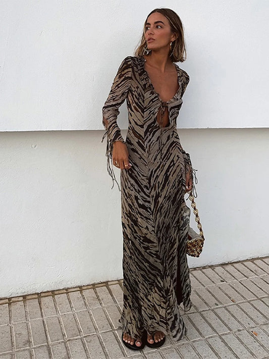 Casual Tiger Stripe Lace Up Women Dress Hollow Out V-neck Side Split Female Maxi Dresses 2024 Spring Autumn New Chic Lady Robe