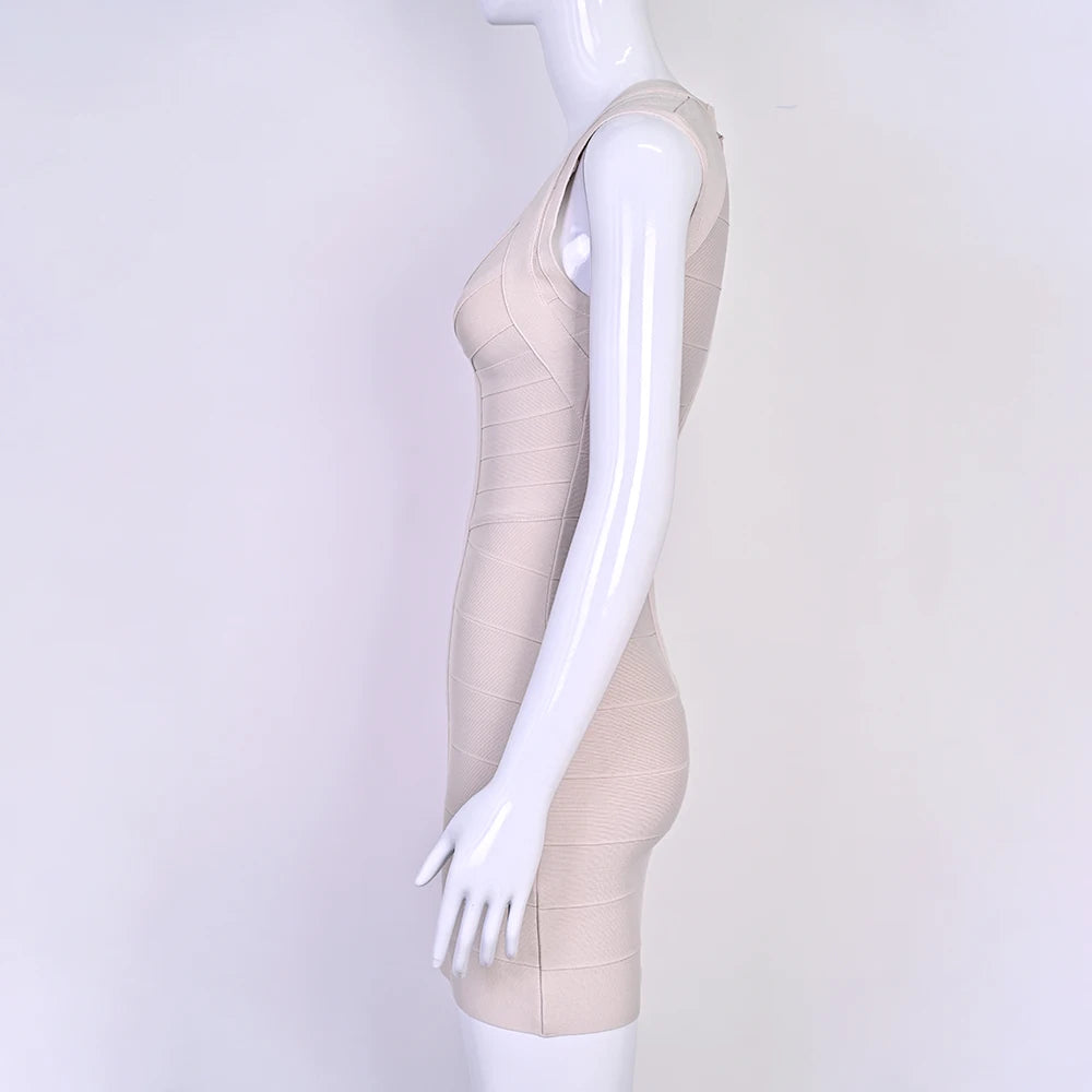 BEAUKEY Luxury Sexy Plunge V Bandage Dress Stripes Slim Bodyocn Mini Party Celebrity Evening Dress Elastic Knitted Vestidos