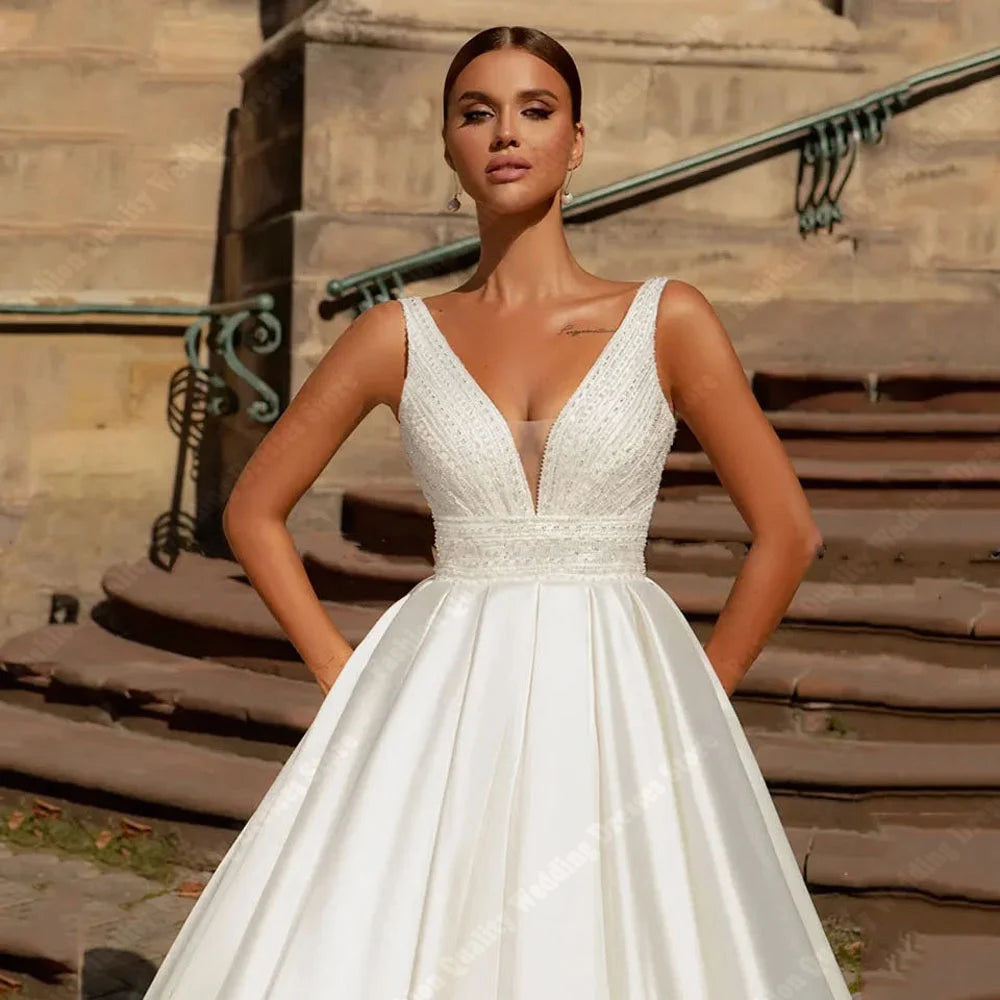 Elegant Deep-V Neck Sleevelss Women Wedding Dresses Sexy Tulle A-Line Bridal Gowns Ball Mopping Length Vestidos De Novias 2024