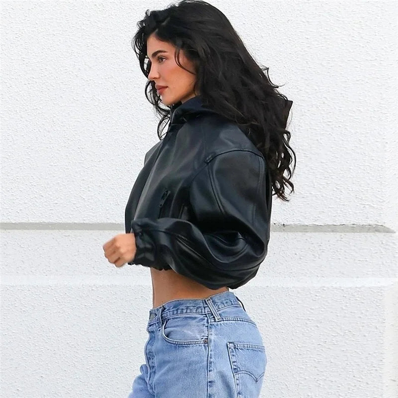 Short Coat Women Leather Jackets Zipper Full Sleeve Solid Streetwear Jacket Turn Down Collar Spliced Casual Coats Autumn 2026