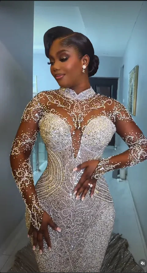 High Neck Sheer Long Sleeve Rhinestone Mermaid Wedding Dress Deep V Illusion African Bridal Gown Vestido De Novia Customized
