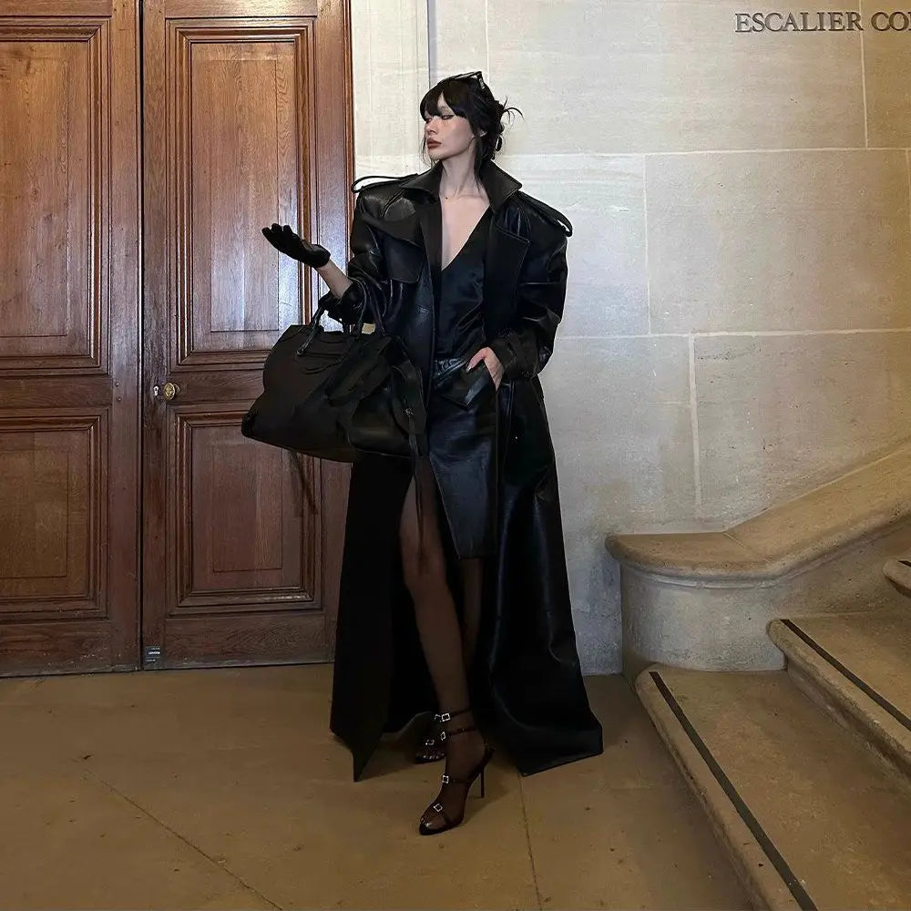 Luxury High Quality Autumn Long Oversized Black Leather Trench Coat Women's PU Leather Jacket Lapel Collar Belt Double-Breasted