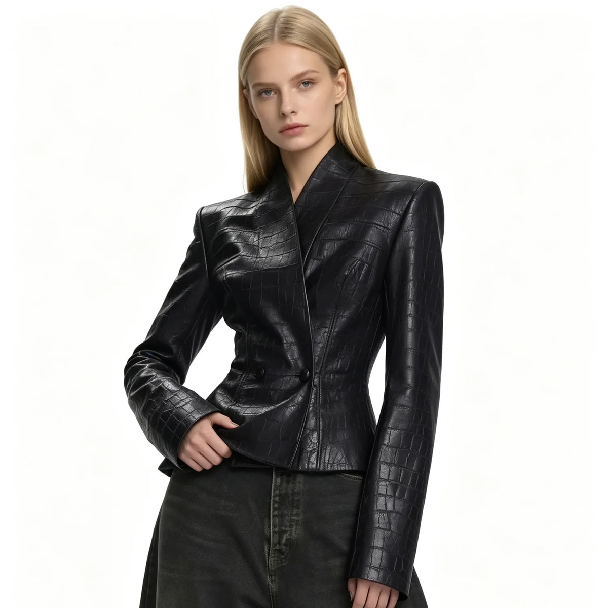 Women 2026 Croc Embossed Faux Leather Jacket V‑Neck Double‑Breasted Slim Fit Long Sleeve Chic Short Outerwear Coat