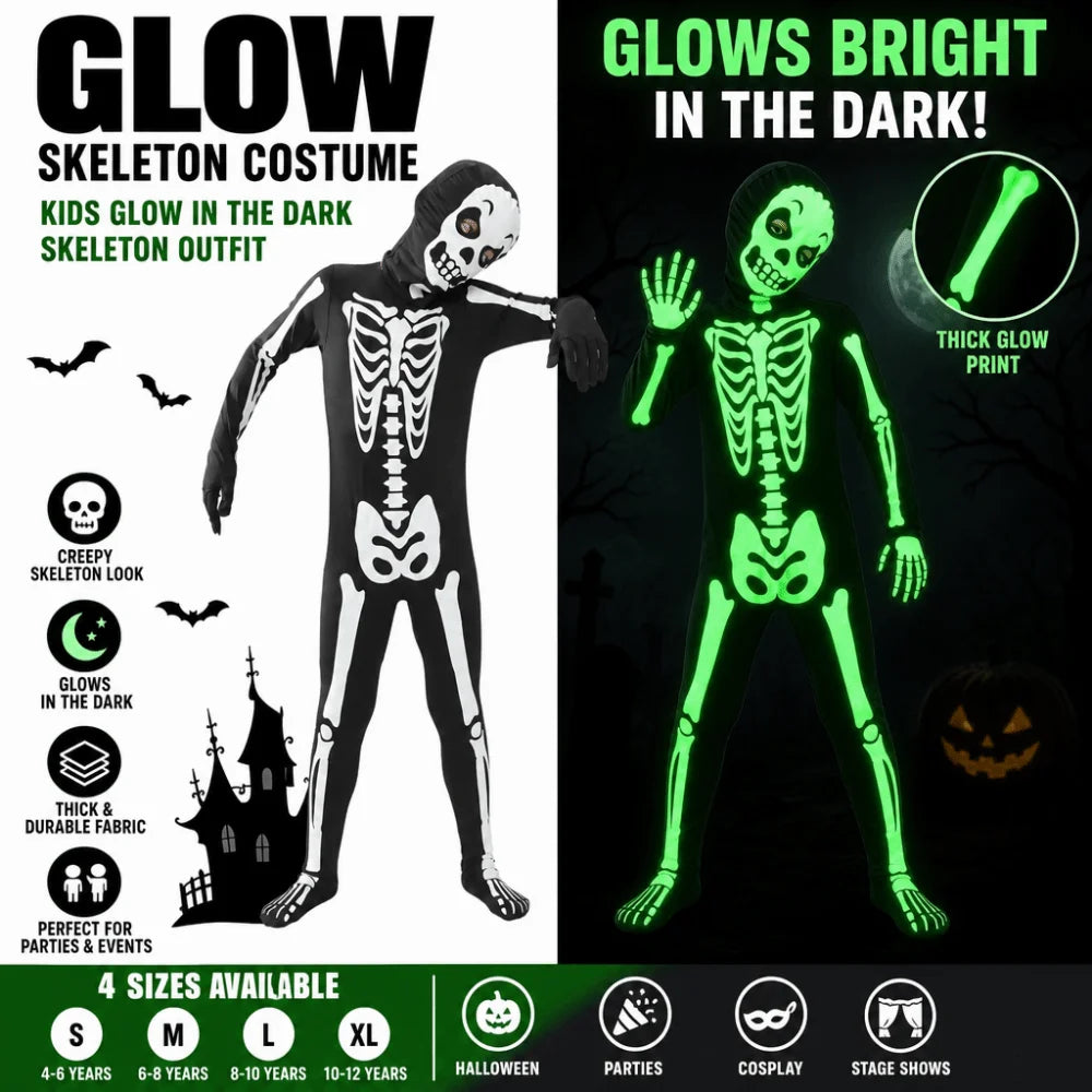 Glow-in-dark Skeleton Skull Costume Luminous Printed Skeleton Ghost Jumpsuit Full Body One-piece Suit Halloween Cosplay Outfits