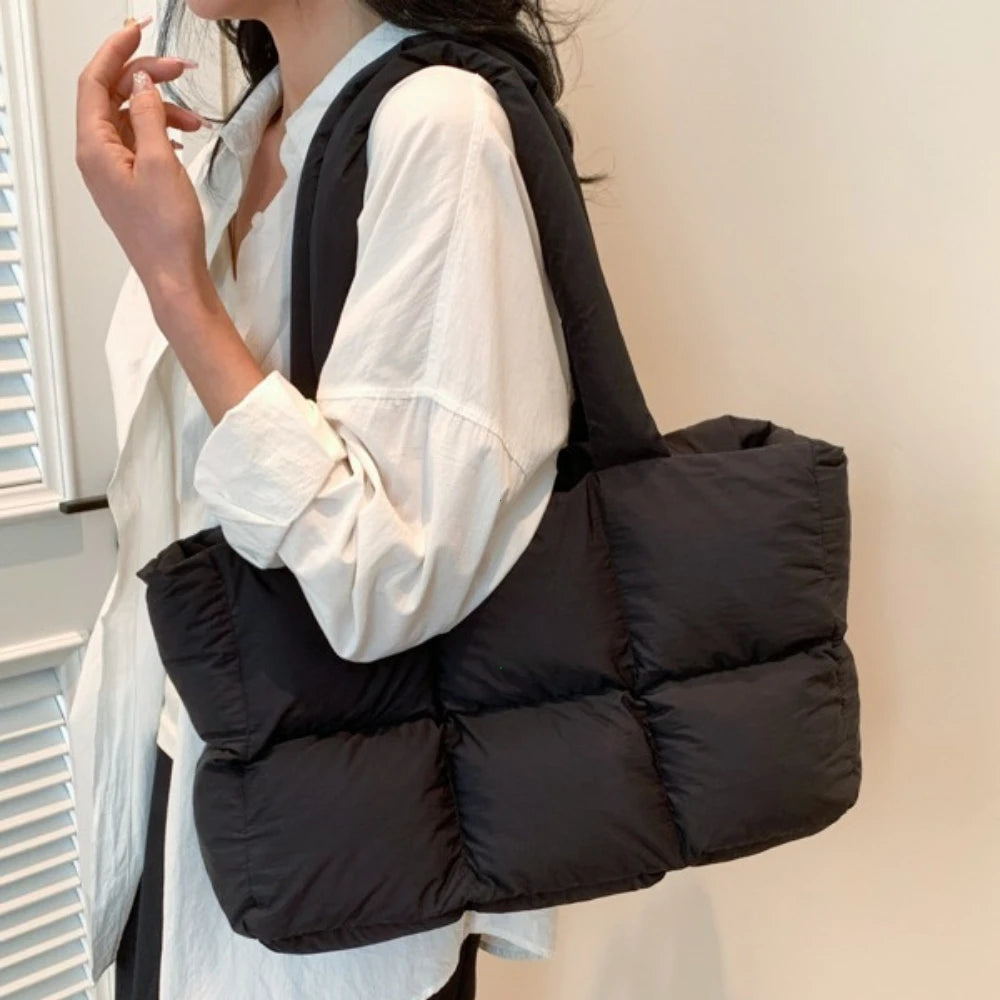 Women Tote Handbags Quilted Plaid Bag Retro Trendy Checkered Waterproof Shoulder Bag Solid Color Winter Soft Large Capacity Bags