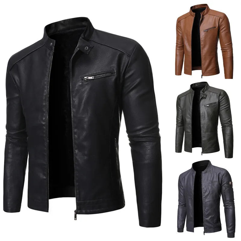 Men's Motorcycle Leather Jacket Autumn Winter Stand Collar Biker Jacket Korean Fashion PU Leather Coat Slim Fit Men's Outerwear