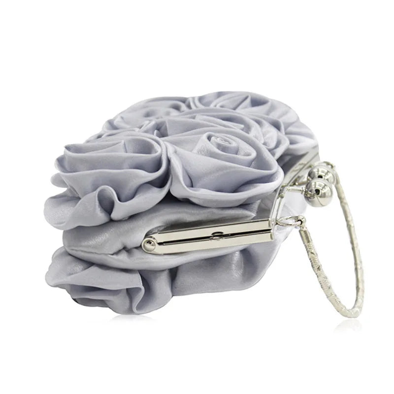 Satin Flower Clutch Bags For Women Banquet Party Evening Bags Metal Handbags Retro Blue Silver Black Chain Shoulder Bag female