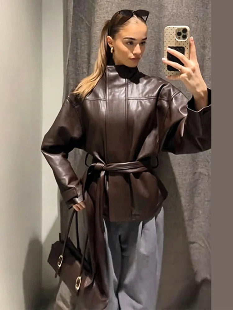 Belted Waist Stand Collar Women PU Jacket Drop Shoulder Long Sleeve Cuff Button Short Cropped Loose Faux Leather Jacket Commute
