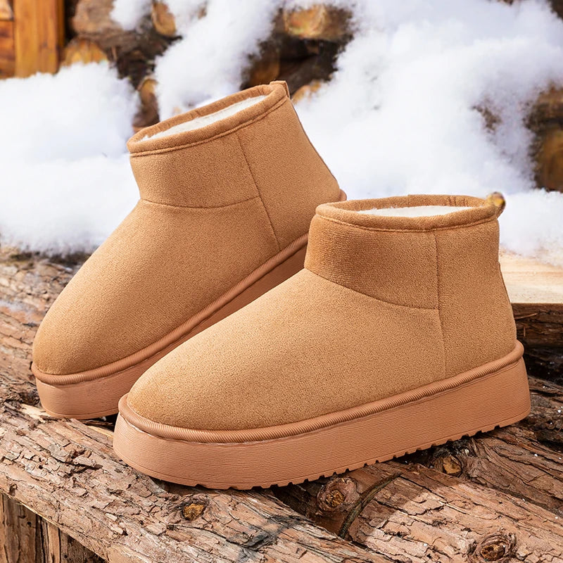 Faux Suede Thick Bottom Snow Boots Women 2025 Trend Warm Thicken Plush Cotton Shoes Woman Slip On Non Slip Winter Ankle Boots
