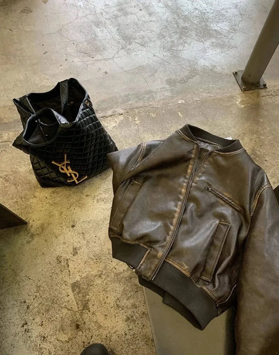New in Autumn Winter Women High End Short Motorcycle Leather Jacket Women Top Retro Brown Loose Casual Coat Female Clothing