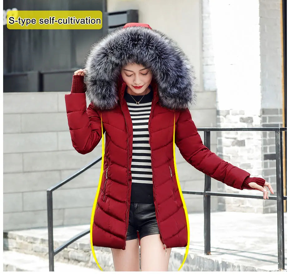 2024 New Wool Collar Hooded Winter Jacket Parkas Women's Jacket Thick Warm Cotton Cushion Down Coat Parka Coat Winter Long Fit D