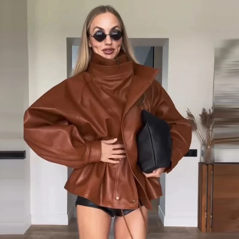 Fashion Solid Faux Leather Women's Jacket  Lapel Waist Cinching Loose Long Sleeves Coat Chic 2026 Spring Autumn New Street Wear