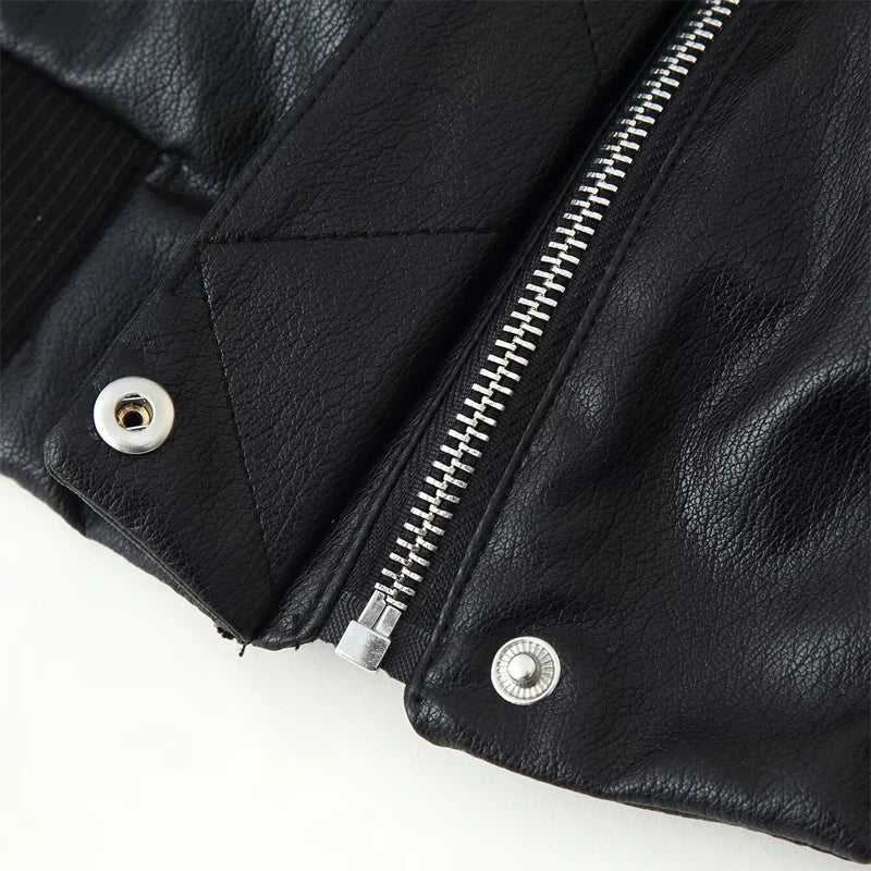  Women's Faux Leather Bomber Jacket Black Stand Collar Cropped Loose Vintage Outerwear 2026 Autumn Lady Street Chic Casual Coat
