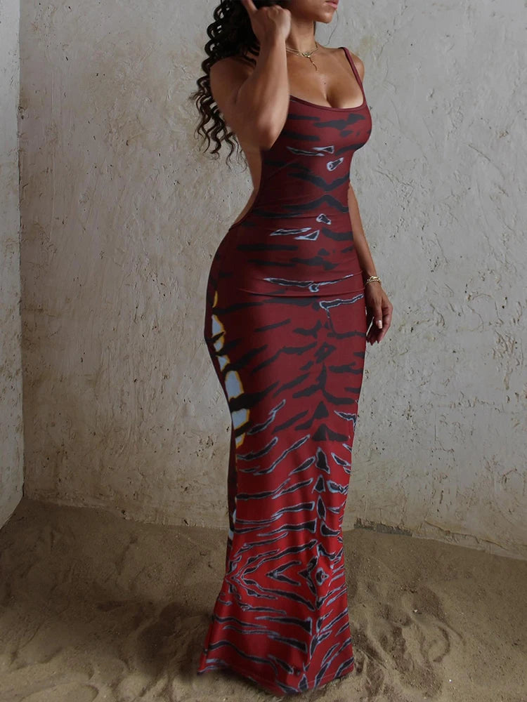 Nibber Tiger Stripe Print Backless Maxi Dress Women Sleeveless Sexy Skinny Clubwear Stretch Tight Beach Vacation Slim Vestidos