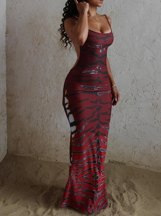 Nibber Tiger Stripe Print Backless Maxi Dress Women Sleeveless Sexy Skinny Clubwear Stretch Tight Beach Vacation Slim Vestidos