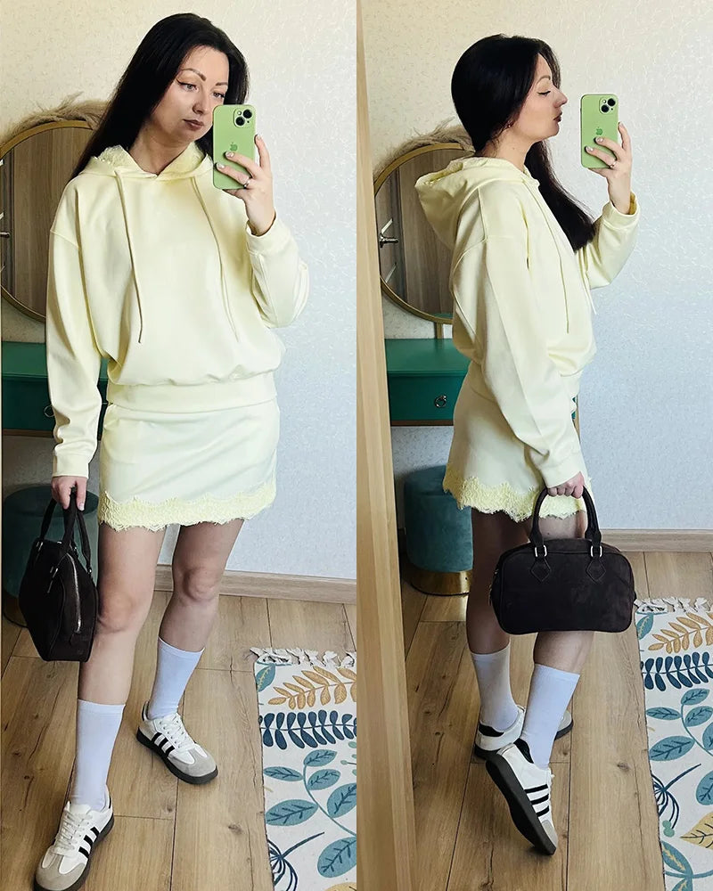 Streamgirl Brown Hoodies With Lace Women Oversize Plain Spring Elegant Butter Yellow Hooded Sweatshirts For Women Oversized