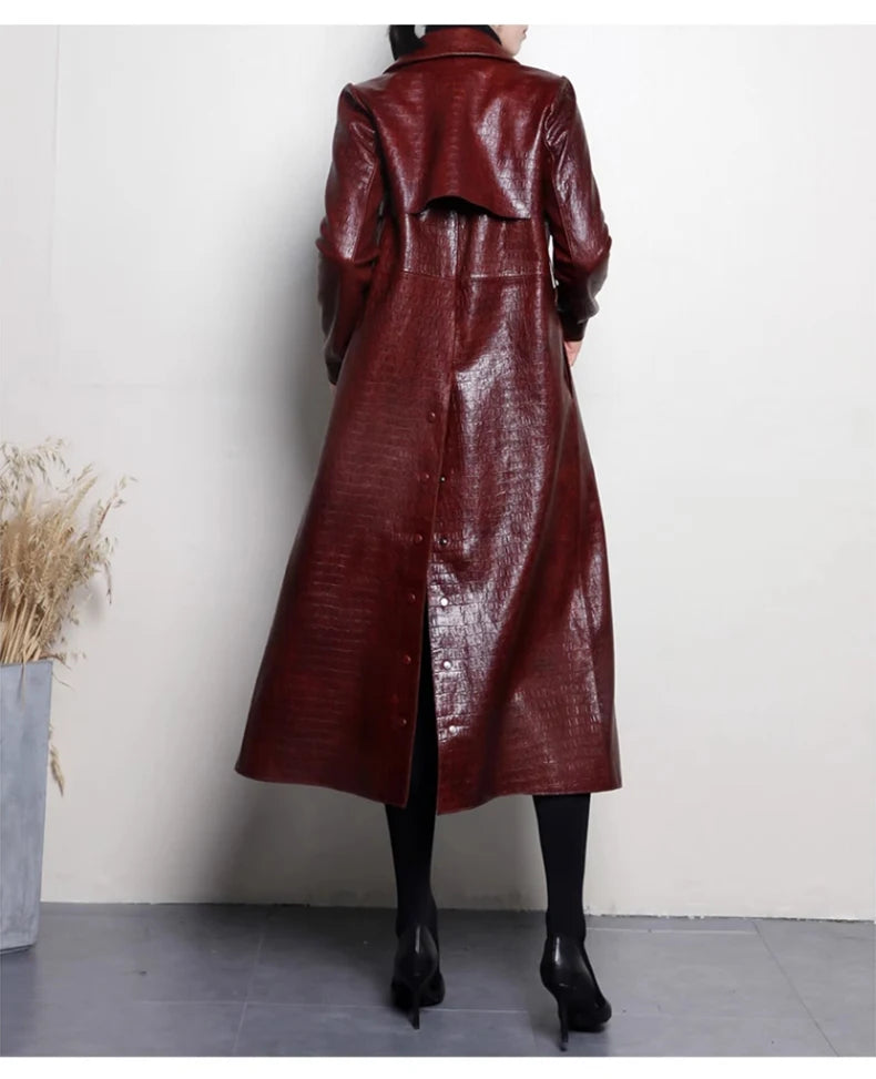 Lautaro Autumn Long Shiny Reflective Patent Faux Leather Trench Coat for Women Belt Double Breasted Luxury Designer Clothes 2023