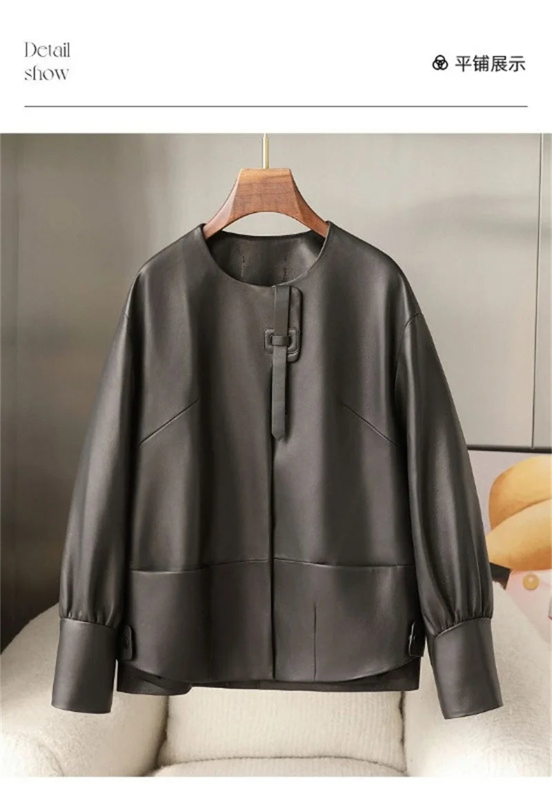 Orange Black Leather Jacket Spring Autumn Coat 2026 New Women's Leather Coat Round Neck Lantern Sleeves PU Leather Outerwear