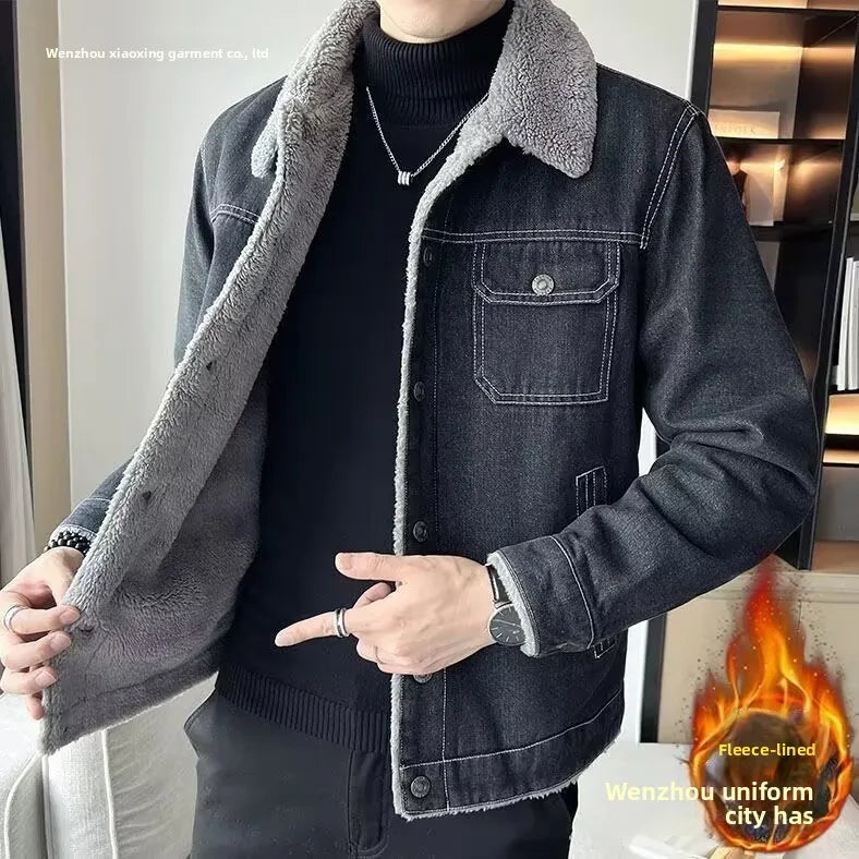 Men's Denim Jacket with Added Insulation and Thickening for Winter, Lamb Fur Lining, Durable Work Collar, Casual Jacket