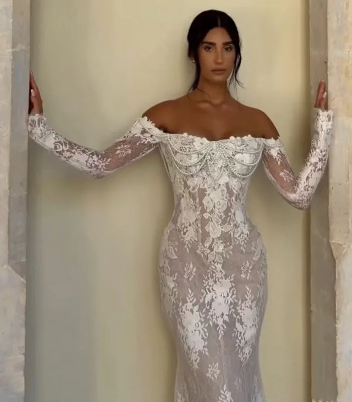 Fashion Lace Pearl Mermaid Wedding Dress Long Sleeve Elegant Off The Shoulder Boho Sexy Bridal Dresses