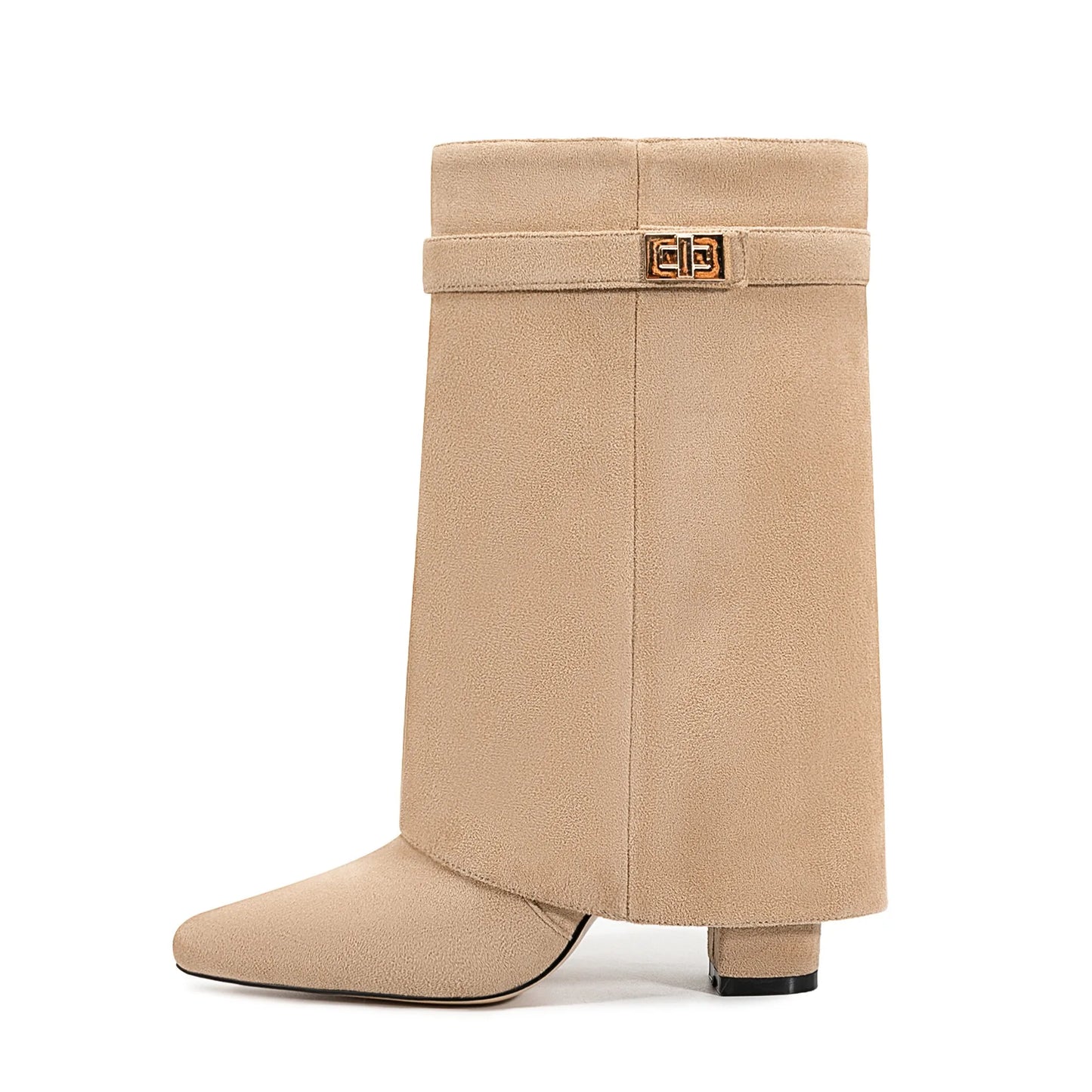 Autumn and Winter New Pointed Metal Buckle Knee High Women's Boots, Thick High-heeled Pants Boots, Fashionable Mid Leg Boots