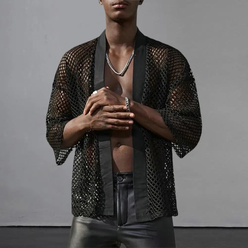 Men Party Cardigan Stylish Solid Color Mesh Hip Hop Streetwear Men Party Cardigan Men Garment  Men Club Shirt  Men Shirt Coat