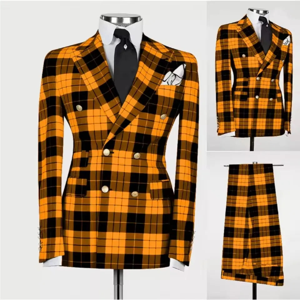 British Style Plaid Check Suits Men 2 Pieces Sets Double Breasted Prom Blazers Customized Man Business Daily Party Tuxedos