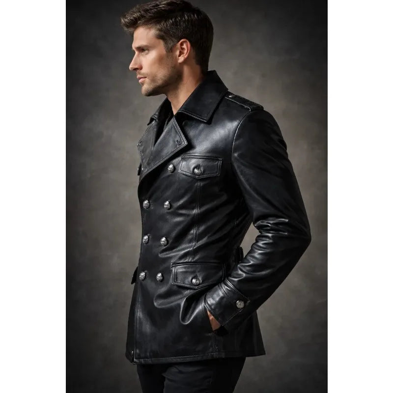 Mens English Gothic Black Leather Trench Coat Military Officer Classic