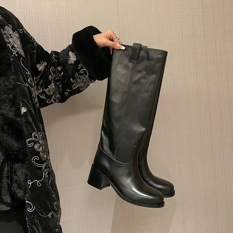 Arden Furtado Autumn Cowhide Knee High Boots Round Toe Pull-On Chunky Heels Riding Boots British Style Large Size Boots