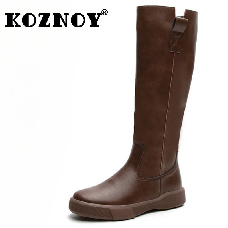 Koznoy 4cm Cow Genuine Leather Microfiber High Top Rubber Knee High Booties Women Chimney Autumn Boots Spring Fashion Shoes