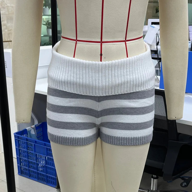 Women Striped Knit Micro Shorts Summer Fold Over Elastic Waist Slim Fit Mini Bottom Y2k Lounge Sweater Shorts Holiday Beachwear
