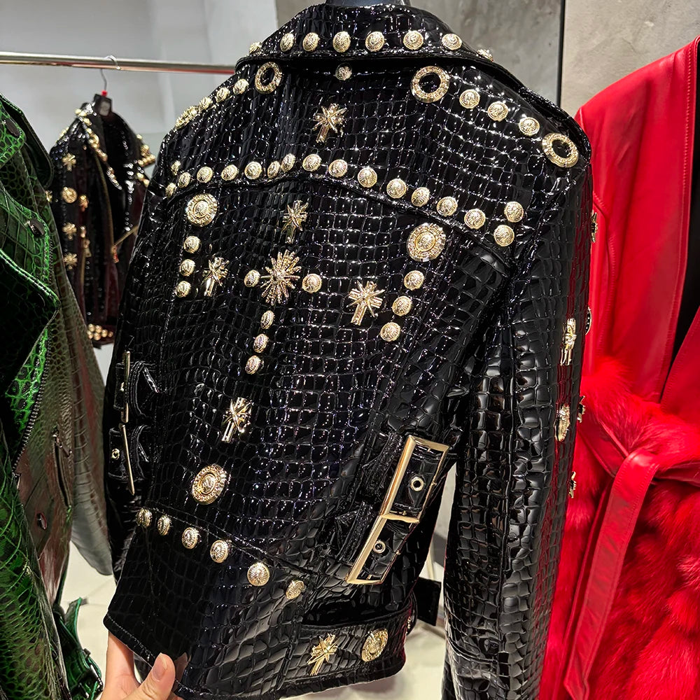 Women Stylish Gold Rivet Real Leather Jacket High Glossy Genuine Leather Asymmetrical Zip Biker Jacket