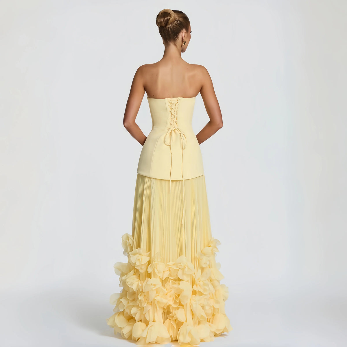 Sexy Lemon Strapless Corset Maxi Gown Sleeveless Corset Pleated Chiffon 3d Floral Hem Flowy Skirt Formal Evening Party Wear
