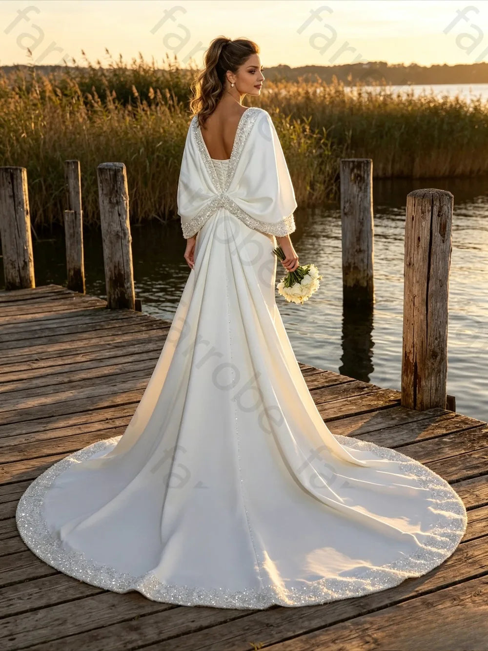 Customized 2026 Luxury Satin Mermaid Wedding Dress Full Sleeve Beaded Sweetheart Neckline Detachable Train Elegant Bridal Gown