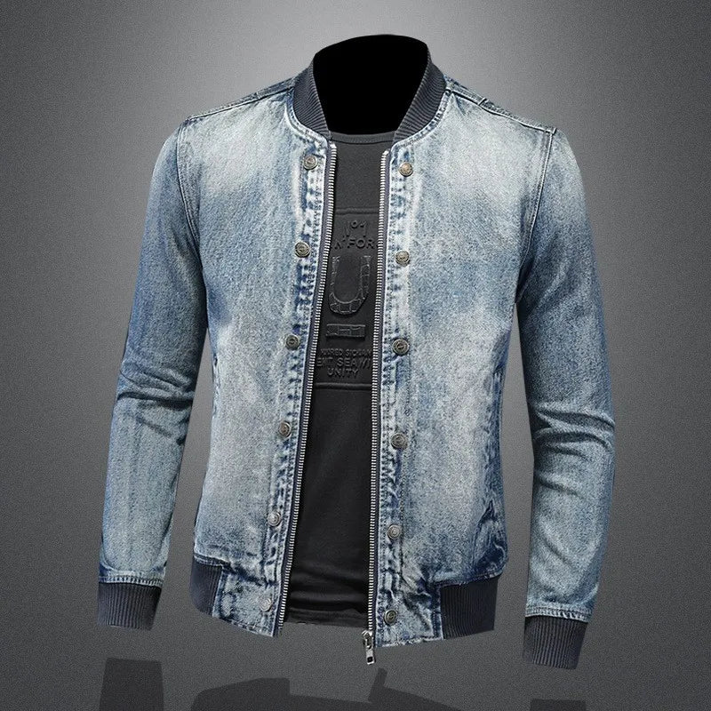 Mens Denim Bomber Jacket Slim Fit Vintage Moto Biker Short Cargo Coat Male Long Sleeve High Street Stand Collar Pilot Jackets