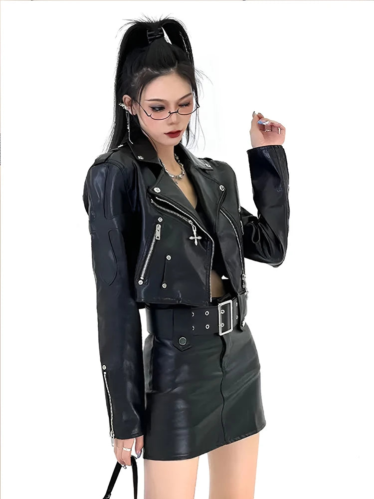 Sweet Cool Moto&Biker Pu Leather Jacket Fashion Street 2026 Black Coat Women Spring Autumn New Slim Fit Short Tops Mujer