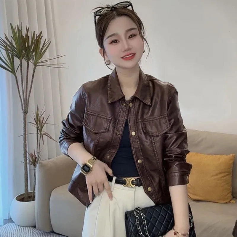 Women Autumn Winter Casual Faux Leather Biker Jacket Lapel Collar Loose Short Pu Coat Versatile Outerwear