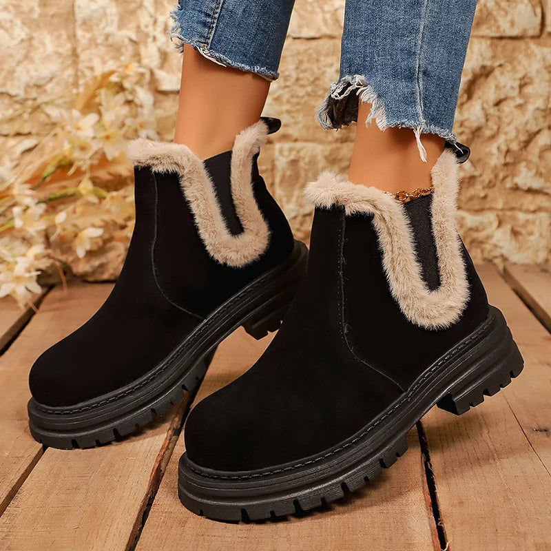 Thick Sole Fur Winter Ankle Boots Women 2026 Slip On Non Slip Plush Short Booties Mujer Plus Size 43 Platform Suede Boots Female