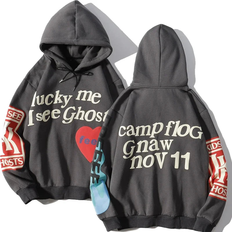 Harajuku Weirdo Graffiti Letter Printed Hoodies Men 2025 Lucky Me I See Ghosts Mens Hooded Sweatshirt Fleece Pullover Streetwear