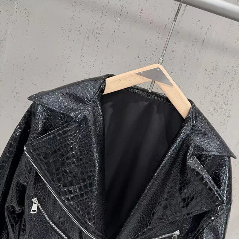 KUCLUT 2026 Autumn New Fashion Shiny Pattern PU Leather Motorcycle Style Short Jacket For Women Suit Collar Zipper Coat 1A4441