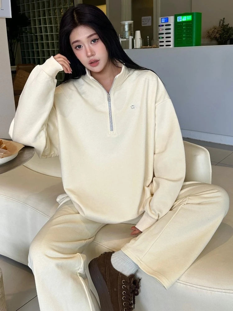 Leisure Solid Color High Waist Trouser Sets 2025 Autumn and Winter Women's Sports Suit Loose Fit Zipper Pullover Two-piece Set